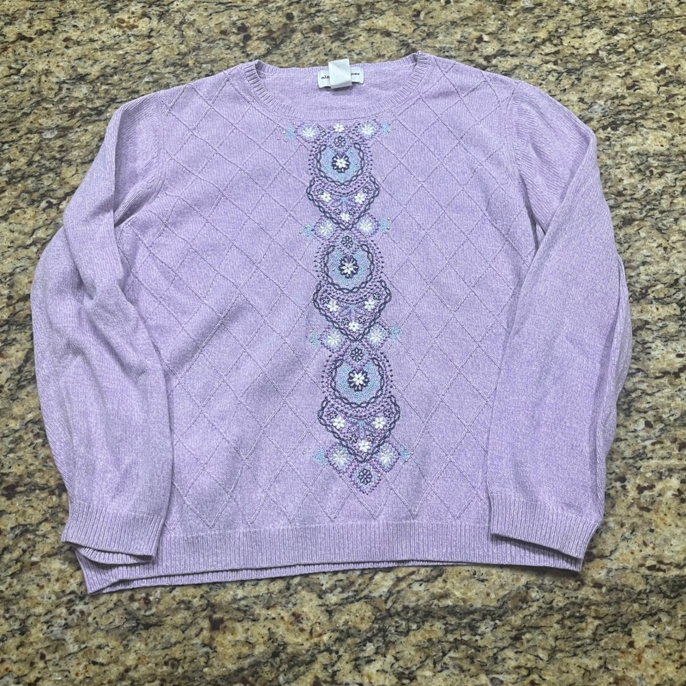 Alfred Dunner Womens Large Purple Embroidered Diamond Knit Beaded Sweater L